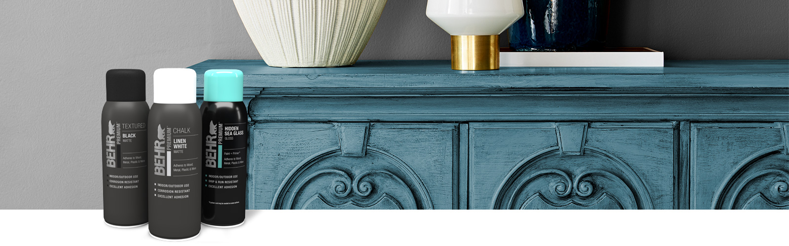 Behr Interior Aerosol products landing page desktop image.