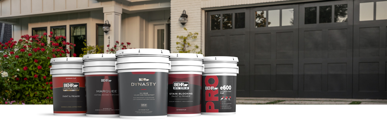 Behr Pro exterior products landing page desktop image featuring 5 gallon cans.
