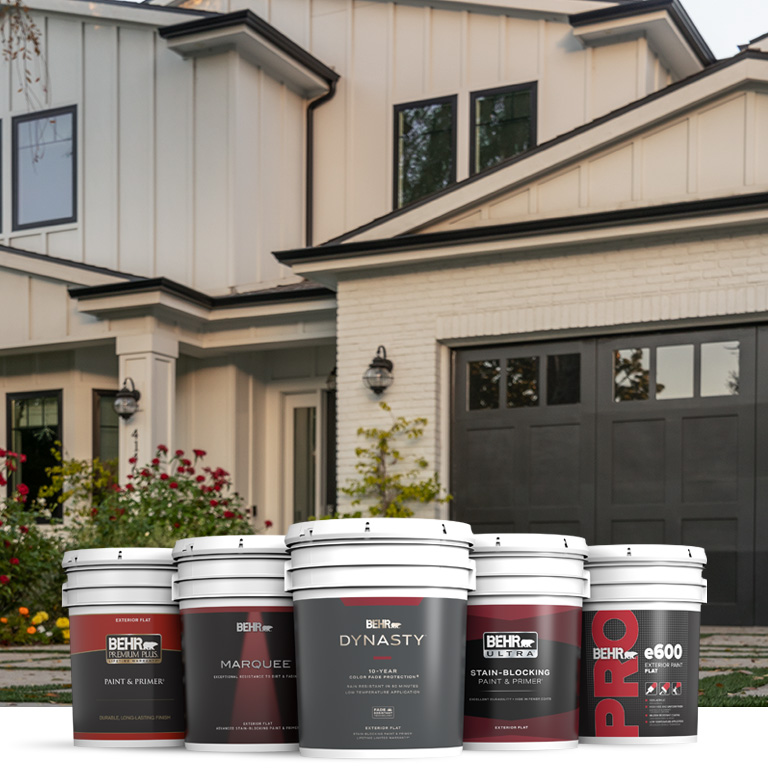 Behr Pro exterior products landing page mobile image featuring 5 gallon cans.