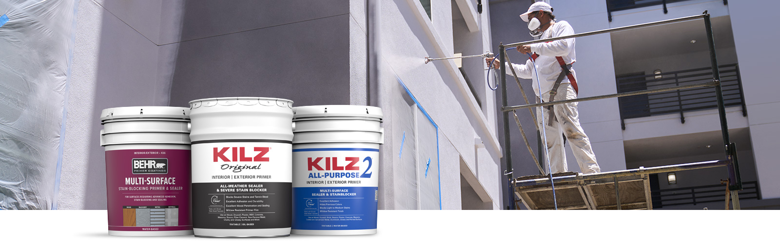 Behr Pro exterior primer products landing page desktop image featuring 5 gallon cans.