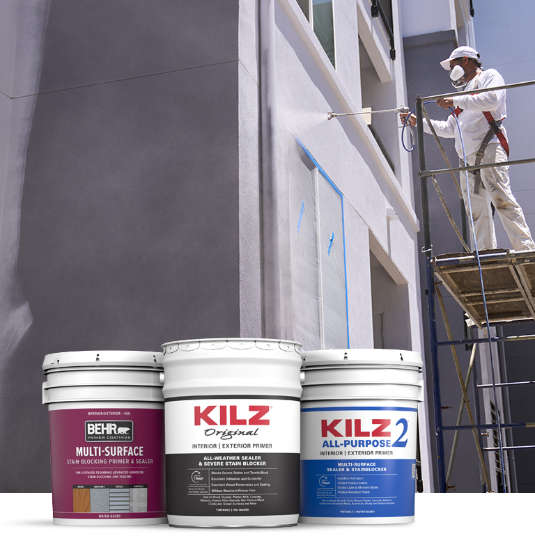 Behr Pro exterior primer products landing page mobile image featuring 5 gallon cans.