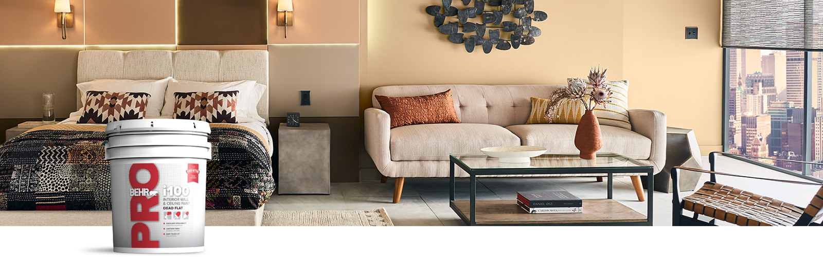 BEHR PRO interior i100 products landing page desktop image featuring 5 gallon i100 can.