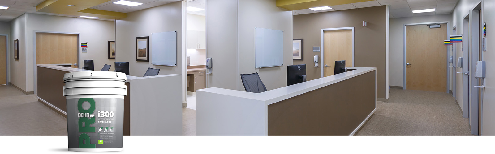 BehrPro interior i300 products landing page desktop image featuring 5 gallon i300 can.