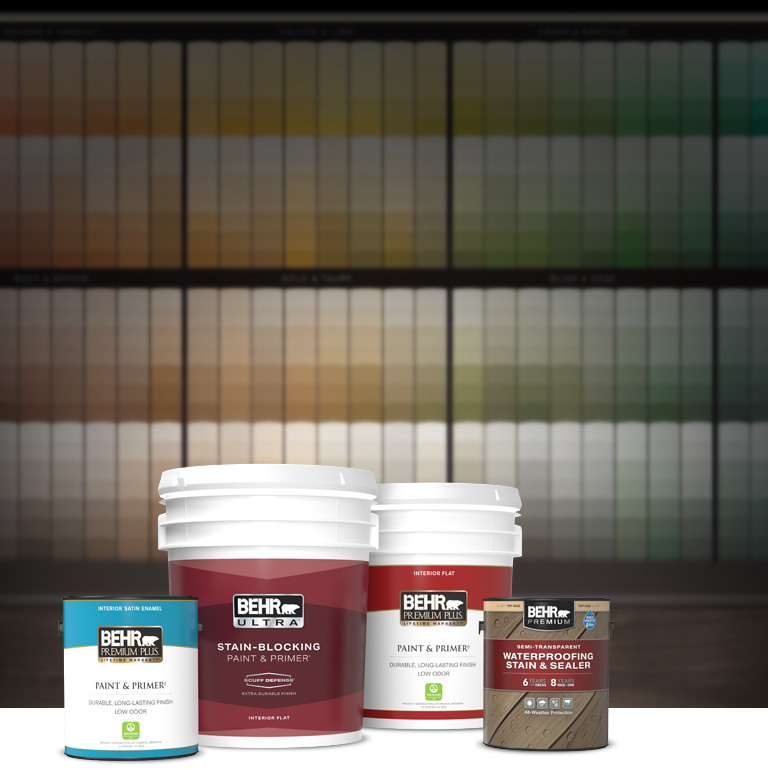 BEHR Paint  and Stain Cans in front of  the BEHR Color Center
