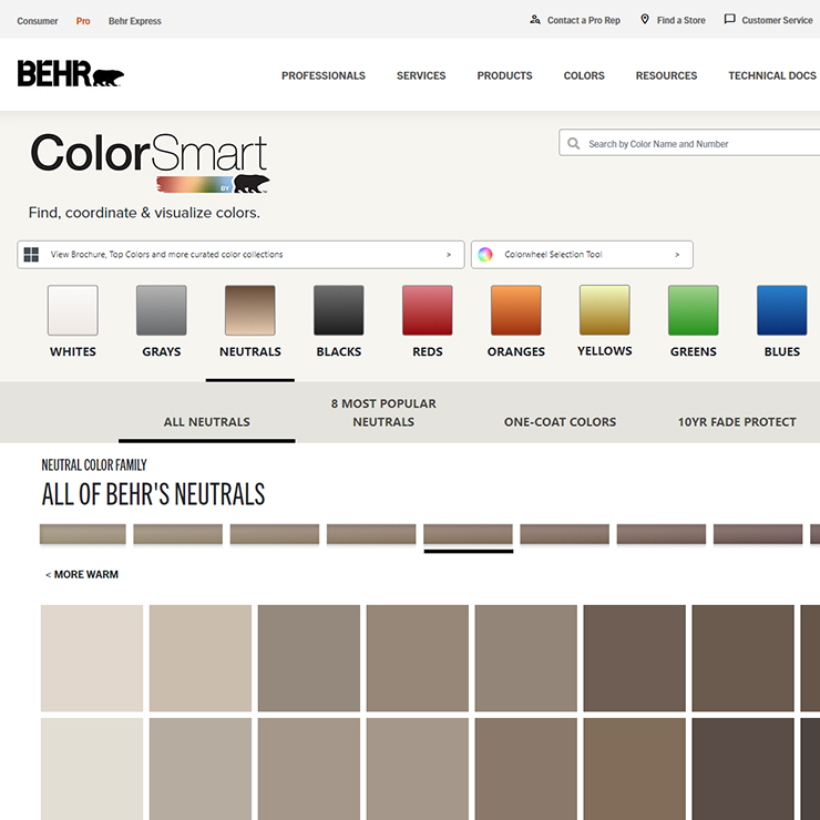 A close up view of a screen shot of BEHR ColorSmart tool. The image of the tool has different color tabs and is displaying the green tab with several color chips
