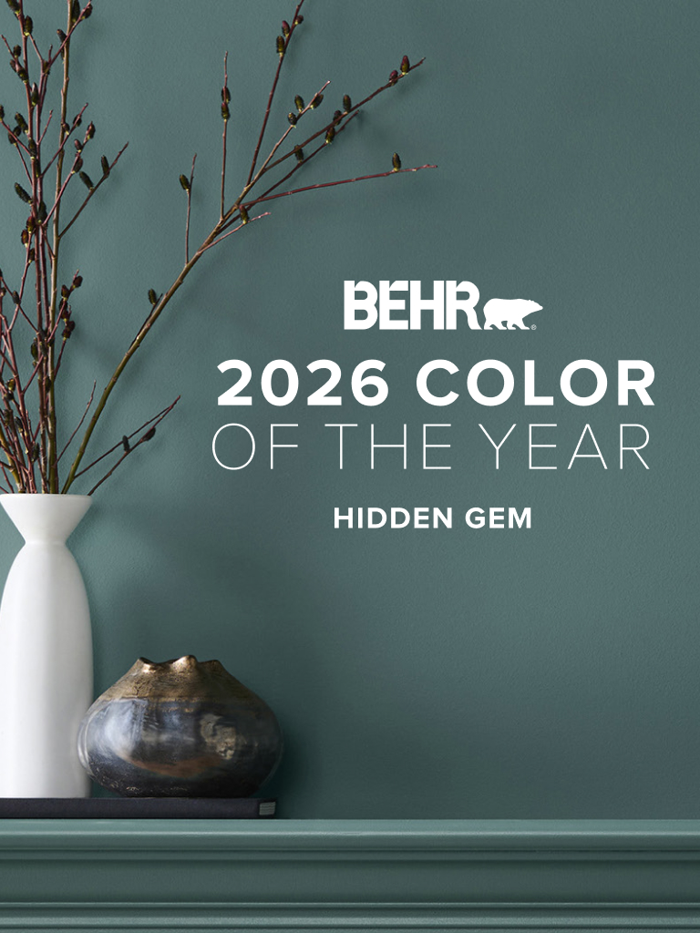 Mobile-sized image of a living room painted in Hidden Gem, featuring Behr 2026 Color of the Year, Hidden Gem