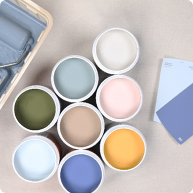 Behr paint color samples, color chips, and a paint roller