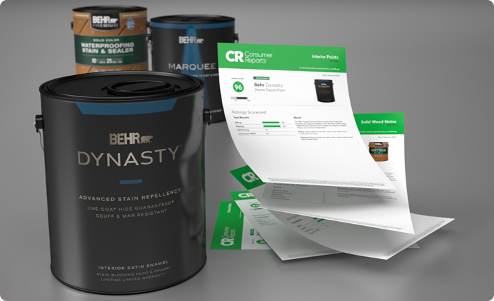 2025 Consumer Reports banner with a can of Behr Dynasty interior satin paint