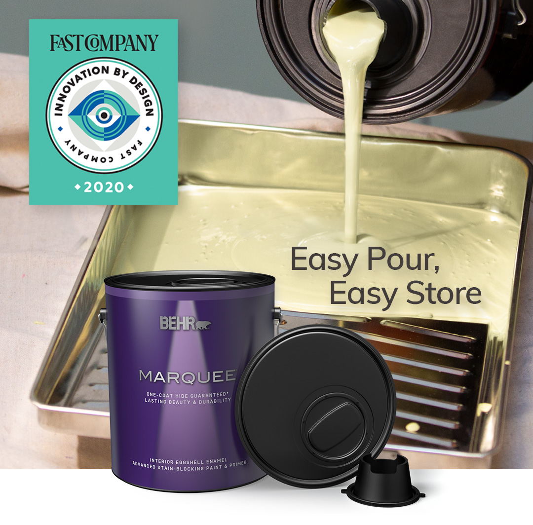 Marquee Paint Can, Simple Pour Lid, and a Fast Company Innovation by Design logo in the foreground with paint being poured into tray using the Simple Pour Lid in the background.