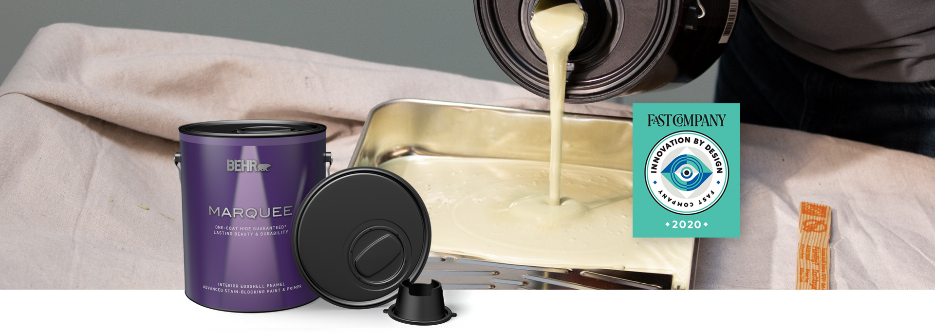 Marquee Paint Can, Simple Pour Lid, and a Fast Company Innovation by Design logo in the foreground with paint being poured into tray using the Simple Pour Lid in the background.