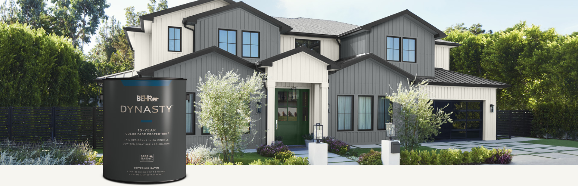 Painted exterior home featuring a Dynasty Exterior Satin paint can