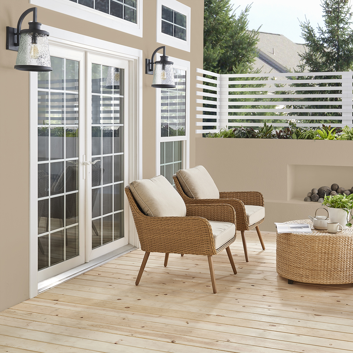 A tan back patio painted with Behr Dynasty Exterior paint