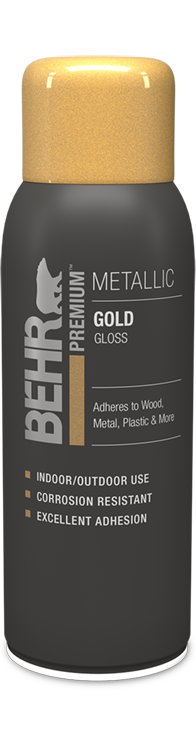 Aerosol can of Behr Premium Metallic Spray Paint Gloss, Gold