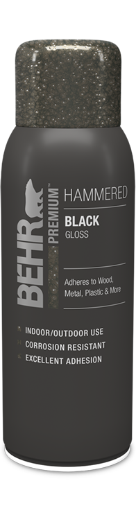 Aerosol can of Behr Premium Hammered Spray Paint Gloss, Black