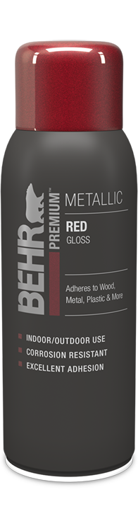 Aerosol can of Behr Premium Metallic Spray Paint Gloss, Red
