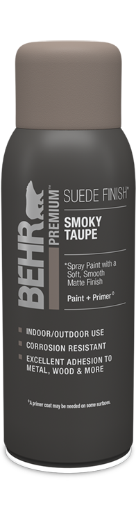 Aerosol can of Behr Premium Suede Spray Paint Matte, Smoky Taupe
