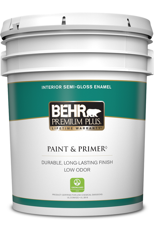 5 gal pail of Behr Premium Plus interior paint, semi-gloss
